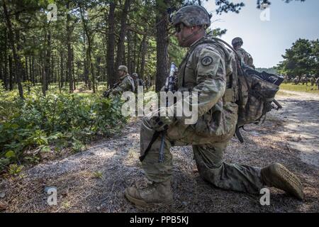 Les soldats de l'armée américaine avec la Compagnie Charlie, 2e Bataillon, 113e d'infanterie, New Jersey Army National Guard, prendre des positions défensives avant un exercice de tir réel à Joint Base McGuire-Dix-Lakehurst, N.J., le 15 août 2018. La formation fait partie de l'unité de déploiement de missions d'appui à la préparation de commande en Afrique en 2019. La Garde nationale (New Jersey Banque D'Images