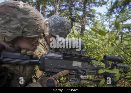 Les soldats de l'armée américaine avec la Compagnie Charlie, 2e Bataillon, 113e d'infanterie, New Jersey Army National Guard, prendre des positions défensives avant un exercice de tir réel à Joint Base McGuire-Dix-Lakehurst, N.J., le 15 août 2018. La formation fait partie de l'unité de déploiement de missions d'appui à la préparation de commande en Afrique en 2019. La Garde nationale (New Jersey Banque D'Images