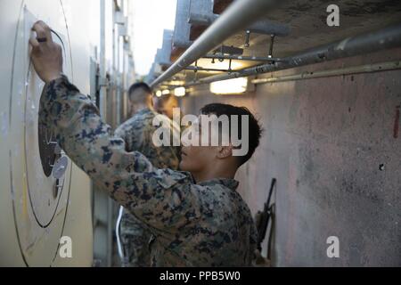 Le Cpl. Justin Lara marque une cible lors d'un cours d'entraîneurs de l'adresse au tir de combat au Camp Hansen, Okinawa, Japon, 14 août 2018. Lara, originaire d'Austin, Texas, est un carabinier avec 2e Bataillon, 3e Régiment de Marines. Lara a toujours obtenu un score élevé à qualifications sur la plage. "J'ai en moyenne environ 325-330 sur la gamme," dit-il. "J'ai tourné à chaque fois d'experts depuis boot camp." Pour Lara, sa haute qualification score est important parce que vous avez besoin d'être un tireur ou au-dessus de se qualifier pour le MCC. Banque D'Images
