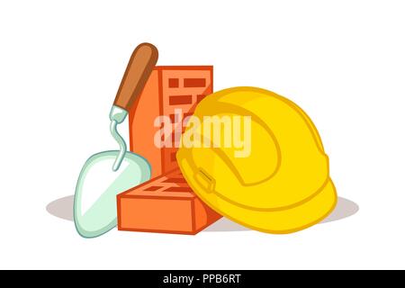 Outils de construction - briques, truelle et casque de sécurité vector illustration sur fond blanc Illustration de Vecteur