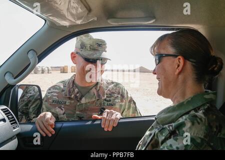 Le colonel de l'ARMÉE AMÉRICAINE Michael Maddox, le commandant de la base pour Al Asad Air Base, l'armée américaine accueille le brigadier. Le général Nikki Griffin Olive, commandant général du 335e, la commande Signal de bataille au cours d'une visite de rotation pour parler avec le personnel du signal et d'effectuer des visites de sites de signal services Al Asad Air Base, l'Iraq, le 15 août 2018. Banque D'Images