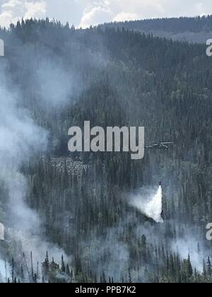 Un UH-60 Black Hawk, équipé d'un seau d'eau, antenne de l'Adjudant chef David R. Carter Aviation de l'Armée de terre et de soutien basé à Buckley Air Force Base, Aurora, Colorado, gouttes d'eau sur le feu, à Cache Creek, Colorado Garfield County, à soutenir les efforts de suppression des incendies le 17 août, 2018. L'équipe, avec deux UH-60s, est arrivé et a commencé ses activités le 14 août. Banque D'Images