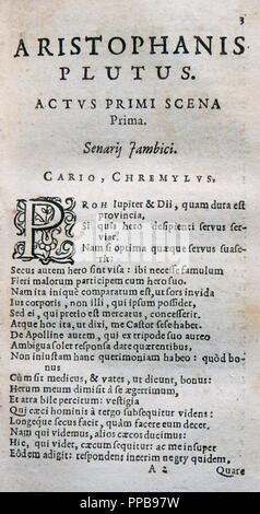 Aristophane (ch. 446 av. J.-C. 386 avant J.-C.). Dramaturge comique de l'Athènes antique. Plutus', 'fist produite en 408 BC. Édition en 1624, Leiden. Bibliothèque de Catalogne. Barcelone. L'Espagne. Banque D'Images