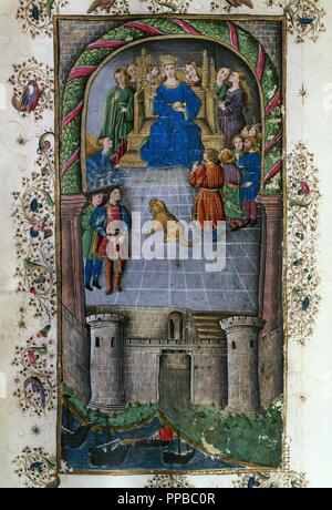 Virgile (70-19 av. J.-C.). Poète de la Rome antique. L'Enéide. Miniature. Folio 80r, 15e siècle. 1st. Livre. Énée à Carthage avec la reine Didon. Bibliothèque d'histoire de l'Université de Valence. L'Espagne. Banque D'Images