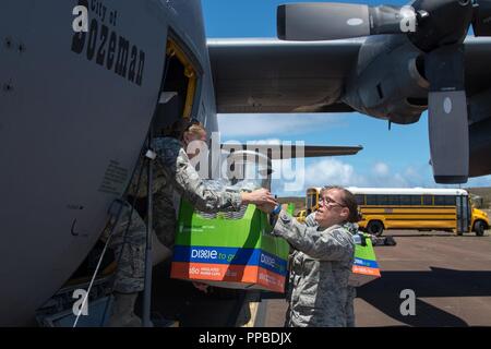 U.S. Air Force Tech. Le Sgt. Michelle Christie, technicienne dentaire affecté à la 173e Escadre de chasse, prend une boîte de fournitures du Tech. Le Sgt. Kendell Nielsen, un technicien en génie bioenvironmental affecté à la 173e Escadre de chasse, à l'aéroport de Molokai Molokai, Hi., 20 août 2018. Soins Tropic 2018 Maui County est une formation préparatoire à l'innovation de service mission dirigée par l'Air National Guard et appuyé par les membres de l'Armée de l'air, de l'armée, de la marine, et Marine Corps Reserve. Banque D'Images