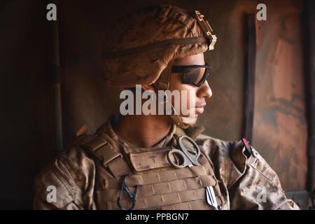 HM3 Deshawn Stokes, Corpsman marine avec 2e Bataillon, 4e Régiment de Marines, balades dans l'arrière d'un véhicule lors de tirs de Humvee montés calibre 50, Mark 219 et 7,62 armes automatiques d'équipe combinée Anti-Armor 2 Août 22, 2018, au cours de la Force de rotation maritime - Exercice de Darwin à Koolendong Bundey Mont Domaine de formation, l'Australie. Koolendong Ex Marines des États-Unis permet de mieux former, de l'exercice, et de coopérer avec des partenaires français et australien, renforce la sécurité régionale, et renforce la capacité de réagir plus rapidement aux catastrophes naturelles et de crises dans la région. Banque D'Images