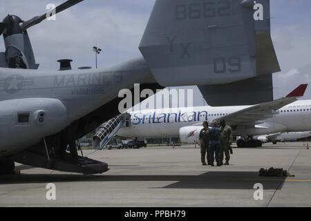 COLOMBO, SRI LANKA - Les marins de la Marine américaine pour se réapprovisionner d'attente pour le groupe amphibie d'Essex (ARG) à un centre logistique de l'aéroport international de Bandaranaike lors d'un déploiement prévu de la Essex ARG et 13e Marine Expeditionary Unit (MEU), le 28 août 2018. Le San Antonio-classe de transport amphibie USS dock Anchorage (LPD 23) et l'entrepris Marines de la 13e MEU a mené un exercice de coopération en matière de sécurité dans le théâtre avec la marine sri-lankaise et de la Marine de marine. Partie d'une U.S.-Sri Lanka partenariat naval, l'exercice est aussi l'occasion pour les septième flotte à explorer Banque D'Images