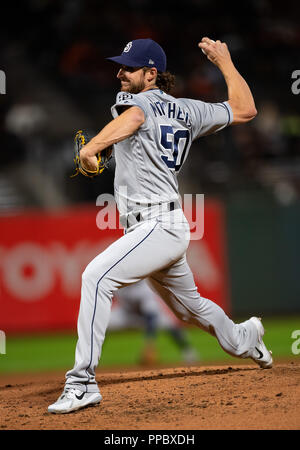 San Francisco, Californie, USA. Sep 24, 2018. San Diego Padres le lanceur partant Bryan Mitchell (50) offre de la butte, au cours d'un match entre la MLB Padres de San Diego et les Giants de San Francisco à AT&T Park à San Francisco, Californie. Valerie Shoaps/CSM/Alamy Live News Banque D'Images