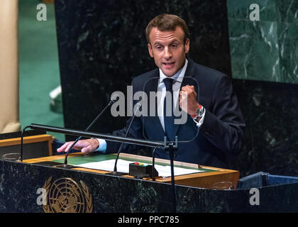 New York, États-Unis, 25 septembre 2018. Le président français, Emmanuel Macron traite de l'Assemblée générale des Nations Unies à New York. Photo par Enrique Shore Crédit : Enrique Shore/Alamy Live News Banque D'Images