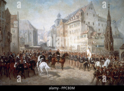 Guerre austro-prussienne. Défilé des troupes sur la place du marché à Nuremberg lors de l'occupation de la ville par les Prussiens en 1866. Peinture de Louis Braun (1836-1916). Banque D'Images