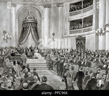 REGENCIA DE MARIA CRISTINA (1885-1902). MARIA Cristina de Habsburgo (Gros-Seelwitz,1858-Madrid, 1929). Reina de España (1879-85) y Regente (1885-1902) durante la minoría de edad de su hijo el futuro Rey Alfonso XIII. «ISCURSO DE LA REINA REGENTE EN EL ACTO DE APERTURA DE LAS CORTES JUNTO A SU HIJO ALFONSO". Dibujo de comba en 'La Ilustración Española y Americana', (1898) . Banque D'Images