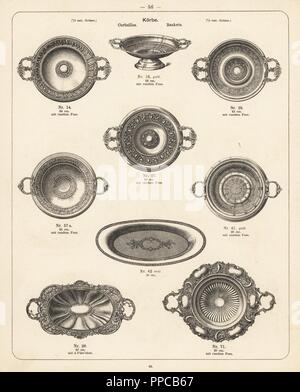 Des paniers métalliques, assiettes et bols. Lithographie d'un catalogue de produits métalliques fabriqués par Wurtemberg Articles manufacturés en usine, Wiesbaden, Allemagne, 1896. Banque D'Images