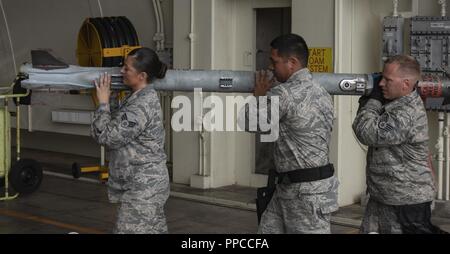 Les cadres supérieurs de l'US Air Force Airman Victoria Barsness, gauche, 18e Groupe d'entretien plomb armes membre d'équipage, Tech. Le Sgt. Jairek Kahai MXG, 18e membre de l'équipe de normalisation de chargement, et le sergent. Bryan Dann, 18e chef d'équipe Chef d'armes MXG, expliquez comment charger de munitions à un F-15 Eagle au cours de la chasse 2018 Symposium sur la sécurité et de la logistique le 21 août 2018, à Kadena Air Base, au Japon. Le colloque a permis à des officiers de la force aérienne de l'Australie, l'Indonésie, le Japon, les Philippines, Singapour et Thaïlande pour visiter les unités de soutien de chasse affecté à la 18e Escadre et interagir avec les aviateurs qui appuient le figh Banque D'Images