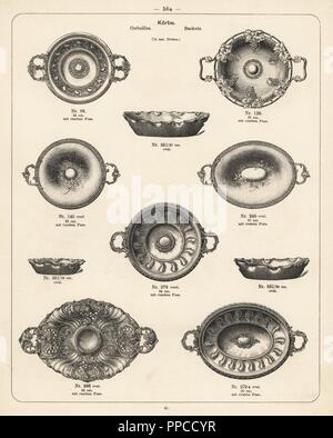 Des paniers métalliques, assiettes et bols. Lithographie d'un catalogue de produits métalliques fabriqués par Wurtemberg Articles manufacturés en usine, Wiesbaden, Allemagne, 1896. Banque D'Images