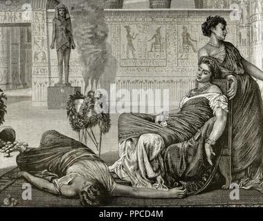 Cléopâtre VII Philopator (69-30 av. J.-C.). Reine de l'Egypte. La mort de Cléopâtre. La gravure. 'La Ilustracion Espan llo y Americana', 1872. Banque D'Images