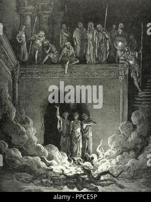 Hanania, Mishaël et Azaria, renommé comme Schadrac, Méschac et Abed-nego, les trois hommes juifs jetés dans une fournaise ardente par Nabuchodonosor II (634-565 avant J.-C.), roi de Babylone (605-562 AEC) de la C.-B., lorsqu'ils ont refusé de s'incliner devant le roi, l'image de l'idole en or, d'après le chapitre 3 du livre de Daniel. Comme le roi, pense qu'ils sont protégés par le 'fils de Dieu' et préservés du mal. Dessin de Gustave Dore. Gravure de H. Pise. Banque D'Images