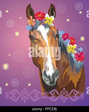 Vector illustration en couleur. Portrait de cheval de la baie de différentes fleurs à mane isolé sur fond dégradé violet avec ornement décoratif et Illustration de Vecteur