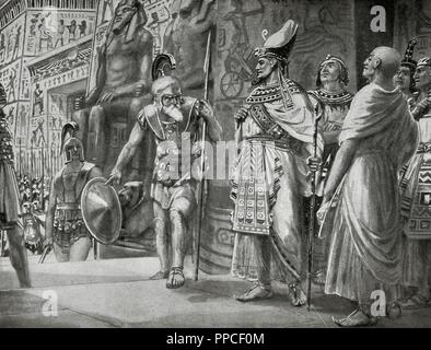 Agésilas II (ch. 444- ch. 360 avant J.-C.), roi de Sparte (400-360 av. J.-C.), et le général athénien Chabrias avec mercenaires entrent en soutenir le roi Nectanebo I et son régent Teos contre les Perses en 361 av. J.-C. La gravure. Banque D'Images