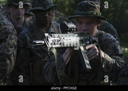 Un Marine U.S. Marine avec Force-Europe 18,1 rotation se familiarise avec le Swedish Automatkarbin 5 fusil de service au cours de la formation polyvalente gamme lors de l'exercice de l'activité de l'archipel suédois avec Rangers côtières de 1er Régiment de Marines à bord de Berga Naval Base, Harsfjarden, Suède, le 22 août, 2018. L'archipel est un exercice d'effort intégré sur le terrain d'entraînement qui augmente la capacité opérationnelle, et renforce la coopération stratégique entre les Marines des États-Unis et les forces suédoises. Banque D'Images