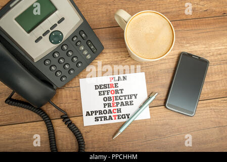 Acronyme du projet de concept d'affaires sur les petites feuilles de papier, mis sur table en bois avec téléphone, téléphone mobile, tasse de café et un stylo en High Angle Banque D'Images