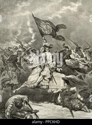 Guerre de Quatre-Vingts Ans et la guerre anglo-espagnole (1585-1604). Bataille de Gembloux (1578) entre les forces espagnoles dirigées par John d'Autriche (1547-1578) et une armée rebelle sous Antoine de Goignies avec victoire de la forces espagnoles. La gravure. Banque D'Images
