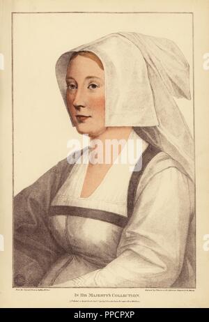 Portrait d'une femme inconnue, ch. 1532. La gravure sur cuivre coloriée par Francis Bartolozzi après Hans Holbein à partir de fac-similés de dessins originaux de Hans Holbein, Hamilton, Adams, Londres, 1884. Banque D'Images