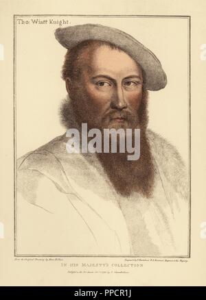 Sir Thomas Wyatt, ambassadeur anglais et poète (1503-1542). La gravure sur cuivre coloriée par Francis Bartolozzi après Hans Holbein à partir de fac-similés de dessins originaux de Hans Holbein, Hamilton, Adams, Londres, 1884. Banque D'Images