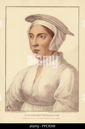 Portrait d'une femme inconnue, ch. 1532. La gravure sur cuivre coloriée par Francis Bartolozzi après Hans Holbein à partir de fac-similés de dessins originaux de Hans Holbein, Hamilton, Adams, Londres, 1884. Banque D'Images