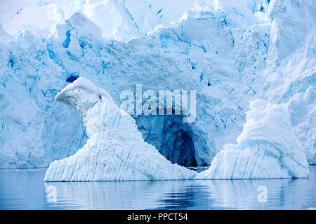 Un iceberg en forme d'oiseau fantastique entre les paysages côtiers spectaculaires sous le mont Walker dans Paradise Bay au large de la Terre de Graham sur la péninsule antarctique. La péninsule est un des plus rapidement les lieux du réchauffement de la planète. Banque D'Images