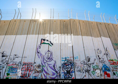 Partie de la barrière de Cisjordanie Israël mur recouvert de graffitis, Bethléem, Cisjordanie, Palestine Banque D'Images