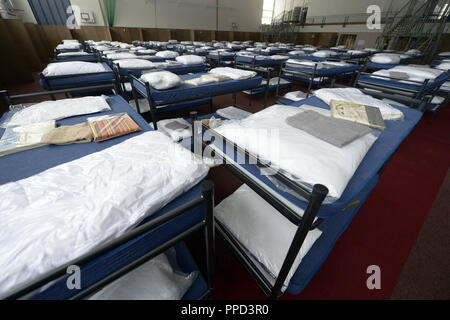 2 lits superposés dans une salle de sport dans la région de Taufkirchen, qui a été transformé en abri pour les réfugiés. Banque D'Images