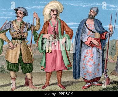 Janissaires. Les unités d'infanterie d'élite qui a formé le Sultan Ottoman, des soldats et des gardes du corps. La gravure. 19e siècle. De couleur. Banque D'Images