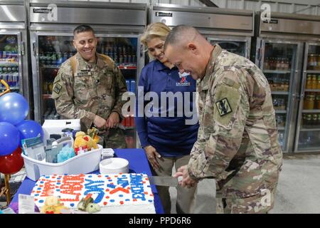 Le colonel de l'ARMÉE AMÉRICAINE Michael Maddox, Al Asad Air Base (AAAB) Commandant, coupe le gâteau de fête Fête du travail à l'échange de base le 3 septembre 2018, à l'Iraq, AAAB. Banque D'Images