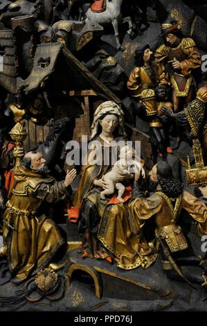 Adoration des Mages. Détail. Maître Arnt de Kalkar et Zwolle, Bas-Rhin, France, 1480-1485. Chêne, polychrome. Museum Schnu tgen. Cologne, Allemagne. Banque D'Images