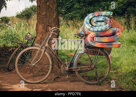 Vélo d'Afrique avec lits laminés à l'arrière fixe contre un arbre, prêt à être monté au village voisin. Banque D'Images