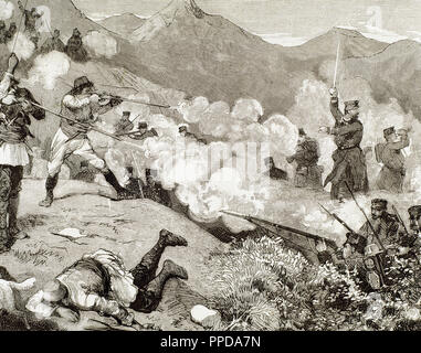 Guerre Dalmata-Herzegovina. Les combats dans les montagnes de Zagoria, entre les insurgés et les troupes autrichiennes (1882). La gravure. Banque D'Images