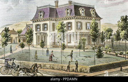 Immeuble d'accueil avec la famille à jouer au cricket. Warwick, 1875. New York. United States. La gravure. Banque D'Images