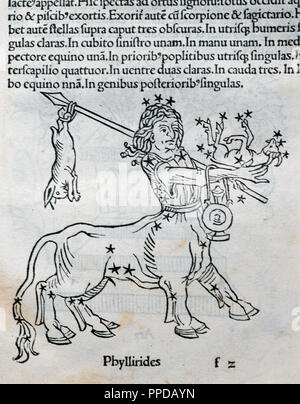 Constellation du Centaure. Phyllirides Centaur. La gravure à Poeticon Astronomicon, par Gaius Julius Hyginus (ca.64 avant J.-C.-17 APR. Édité à Venise, 1485. Des incunables. Banque D'Images