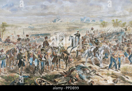 Bataille de Waterloo (18 juin 1815). L'armée de Napoléon a été vaincu par la coalition européenne menée par Wellington. Gravure en couleur du 19ème siècle. Banque D'Images