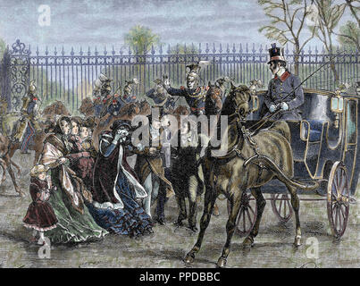 Révolution libérale française (février 1848). La foule a attaqué sur le jardin des Tuileries, le 24 février 1848 en raison du refus du monarque d'accorder le droit de vote. Pour cette raison il a dû abdiquer et la République a été créé. Louis Philippe et sa famille en dehors du palais des Tuileries. Gravure de J. Ladmiral, 1881. De couleur. Banque D'Images