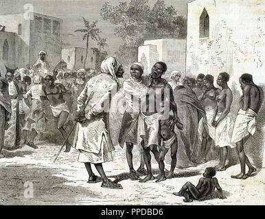 Histoire de l'Afrique. Marché des esclaves à Zanzibar. Gravure par Hildibrand. 1882. Banque D'Images