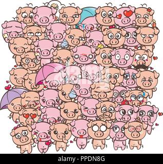 Arrière-plan avec mignon bébé les porcelets. Image kawaii cartoon pastel de porcs. Dessiner à main levée par vecteur doodle comic art emoji Illustration pour livres, estampes, d Illustration de Vecteur