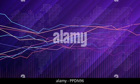 Résumé Contexte financier moderne. Carte d'affaires et de graphique avec carte du monde faite de formes carrés sur fond violet pour votre conception Illustration de Vecteur