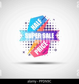 Gradient géométrique moderne vente bannière. Vector illustration of abstract colorful moitié prix super bannière vente constitué de différentes formes simples Illustration de Vecteur