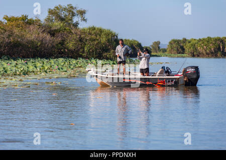 Safari bateau flottant sur des zones humides la Mary River Wetlands, Katherine, Territoire du Nord, Australie Banque D'Images