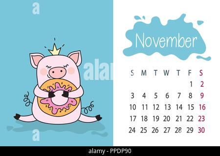 Le mois de novembre de l'année 2019 modèle page calendrier avec rose mignon p Illustration de Vecteur