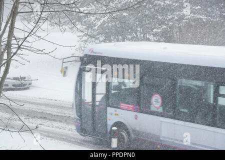 Sheffield, UK - 28 févr. 2018 : transport public continue de fonctionner dans une tempête comme la bête de l'est attaquer Sheffield dans de la neige de l'hiver le 28 févr. Banque D'Images