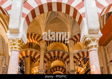 Piliers et arcades de la cathédrale Mezquita, également connu sous le nom de la Grande Mosquée de Cordoue, Cordoue, Espagne. Banque D'Images