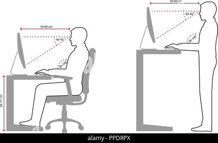 Corriger la position assise et debout maintien à l'aide d'un ordinateur, le dessin des lignes Illustration de Vecteur