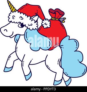 Licorne Noël avec un chapeau de Père Noël et un sac de cadeaux. Cute doodle art de créature magique. Vector illustration isolé sur fond blanc. Pour l'impression, Illustration de Vecteur